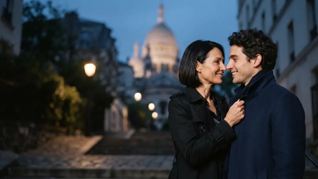 Couple cougar à Montmartre le soir, le Sacré-Cœur en arrière-plan