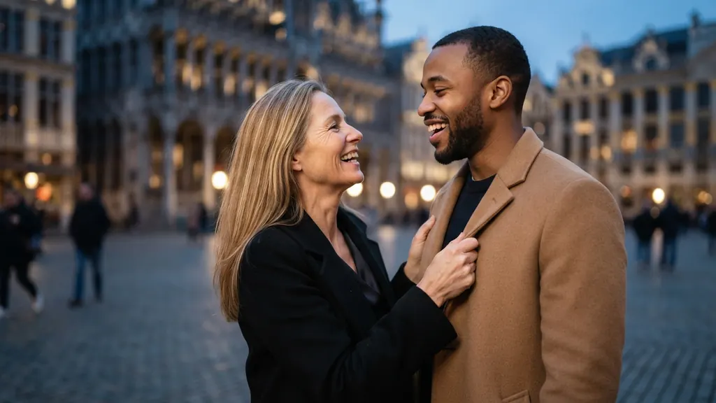 Couple cougar riant sur la Grand-Place de Bruxelles le soir