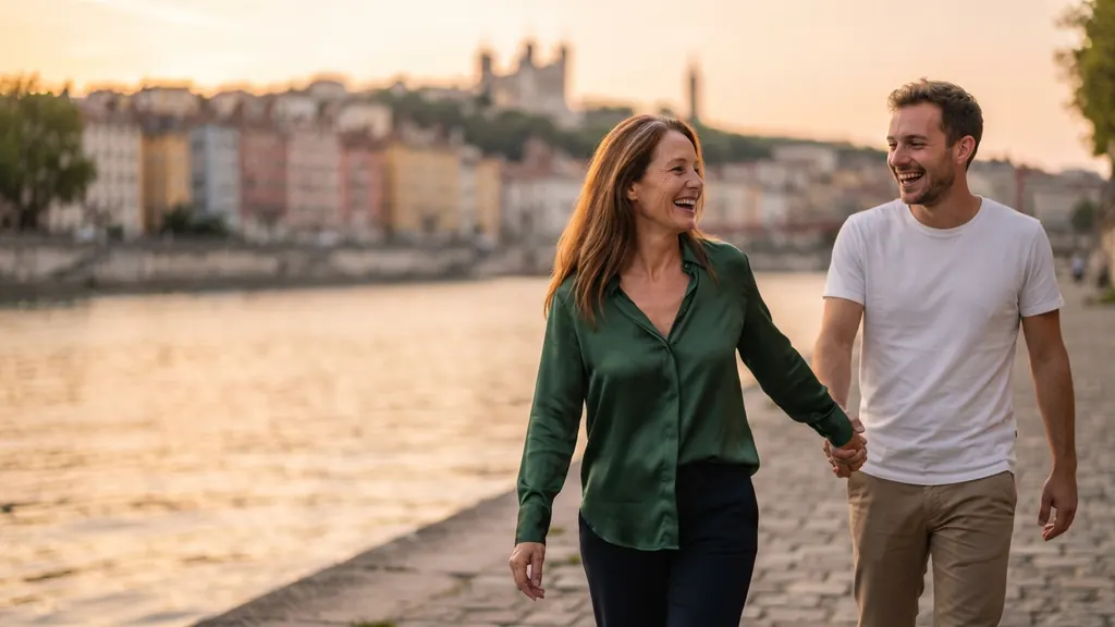 Couple cougar se promenant sur les quais de Saône à Lyon