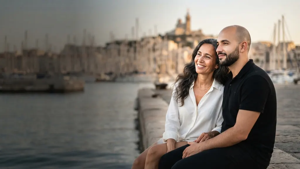 Couple cougar sur le Vieux-Port de Marseille, Notre-Dame-de-la-Garde au loin