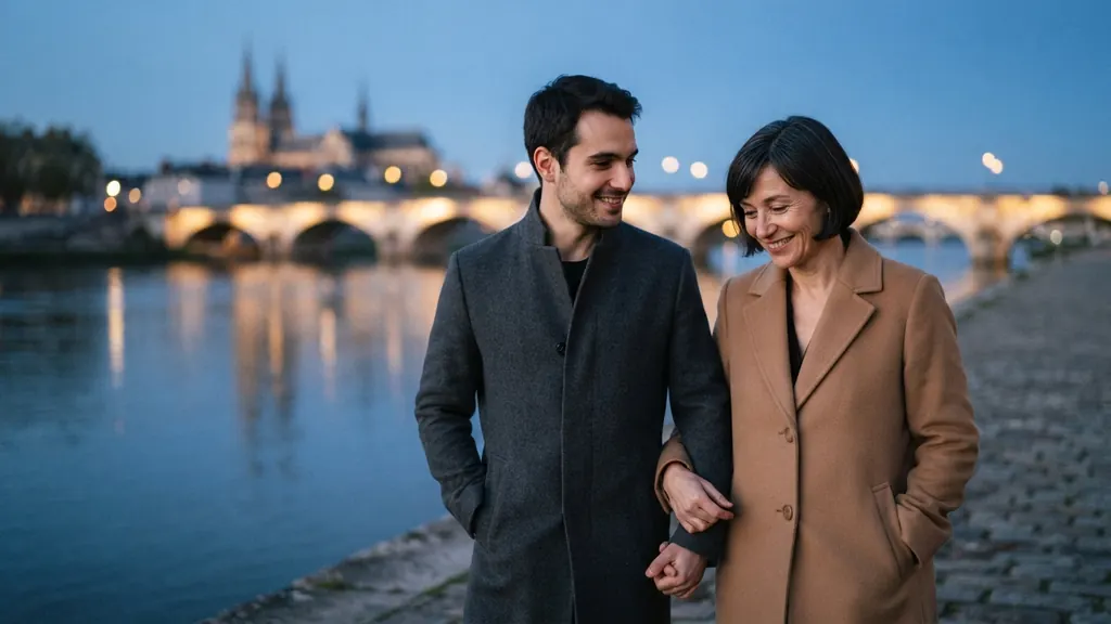 Couple cougar sur les quais de Loire à Orléans, la cathédrale illuminée au loin