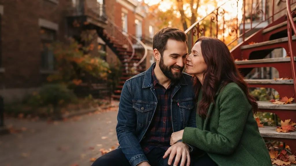 Couple cougar sur un escalier extérieur typique de Montréal en automne