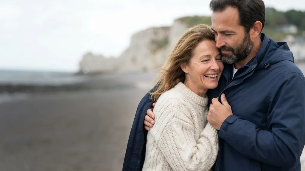 Couple femme plus âgée et homme plus jeune enlacés face aux falaises d'Étretat