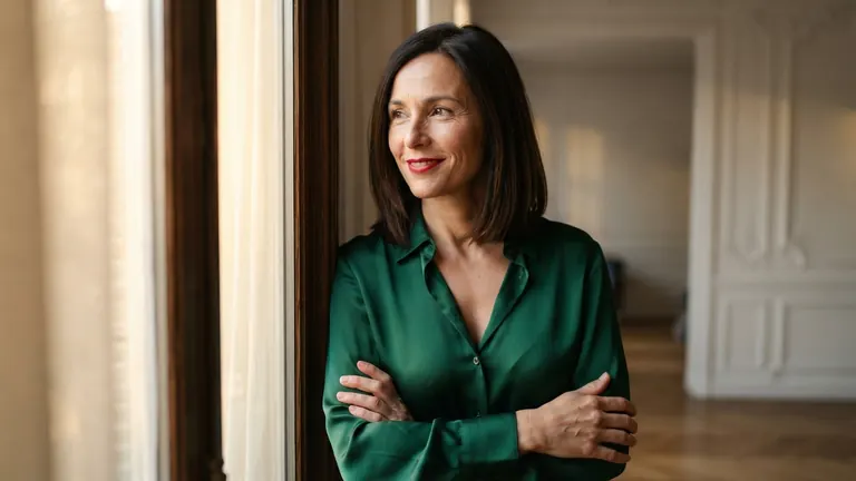 Femme cougar élégante en chemisier de soie verte, sûre d'elle