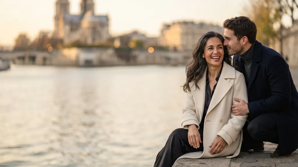 Femme cougar et homme plus jeune sur les quais de Seine face à Notre-Dame