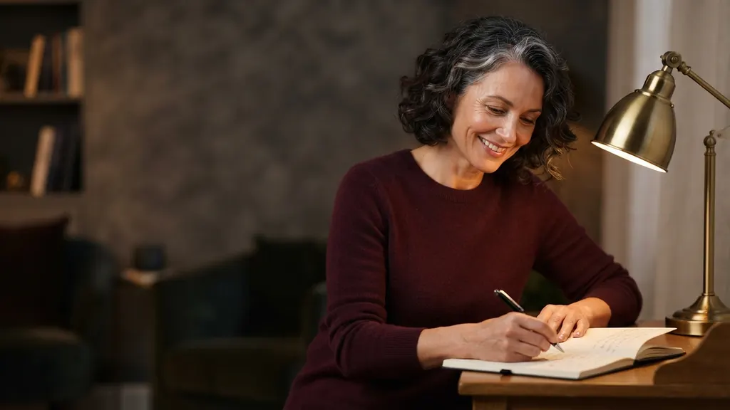 Femme de 50 ans écrivant le texte de son annonce de rencontre dans un carnet
