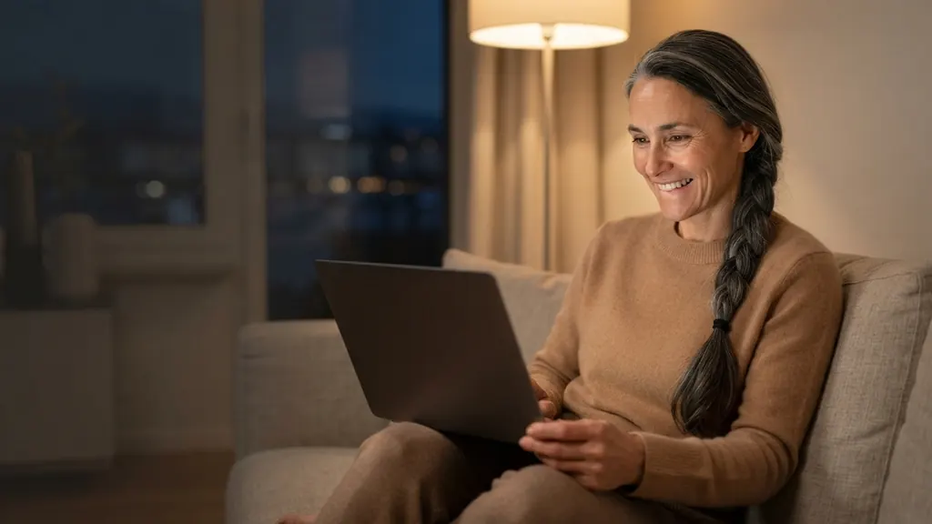 Femme de 50 ans souriante consultant un site de rencontre sur son ordinateur