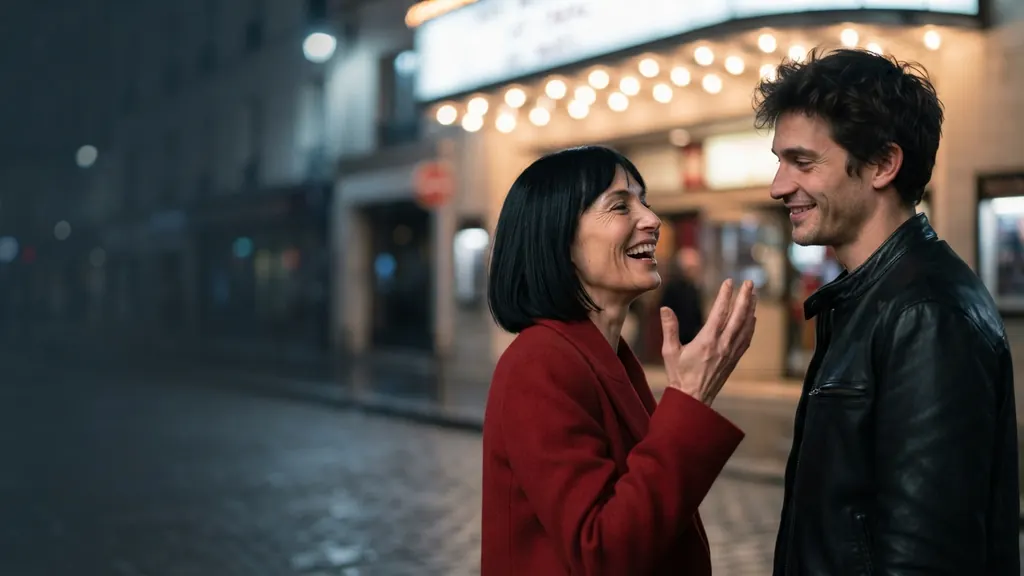 Femme en manteau rouge et homme plus jeune riant devant un vieux cinéma