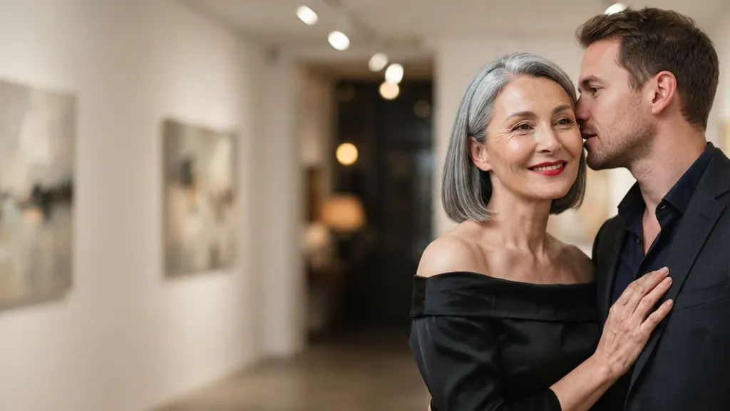 Femme mature en robe noire et homme plus jeune lors d'un vernissage