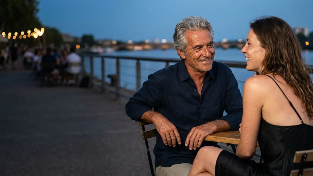 Homme aux cheveux gris et femme plus jeune au bord de l'eau à la tombée du soir