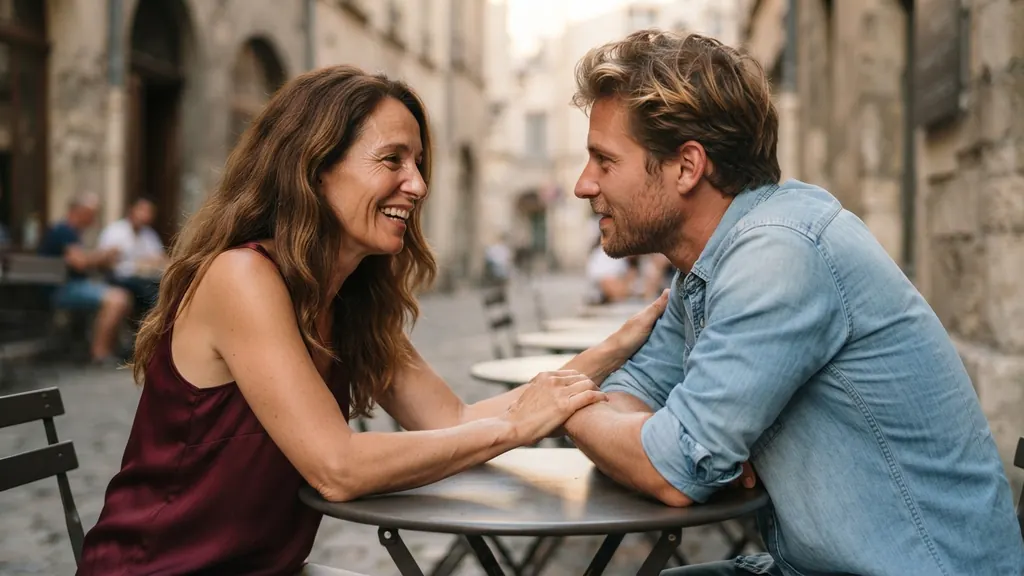 Premier rendez-vous en terrasse entre une femme cougar et un homme plus jeune