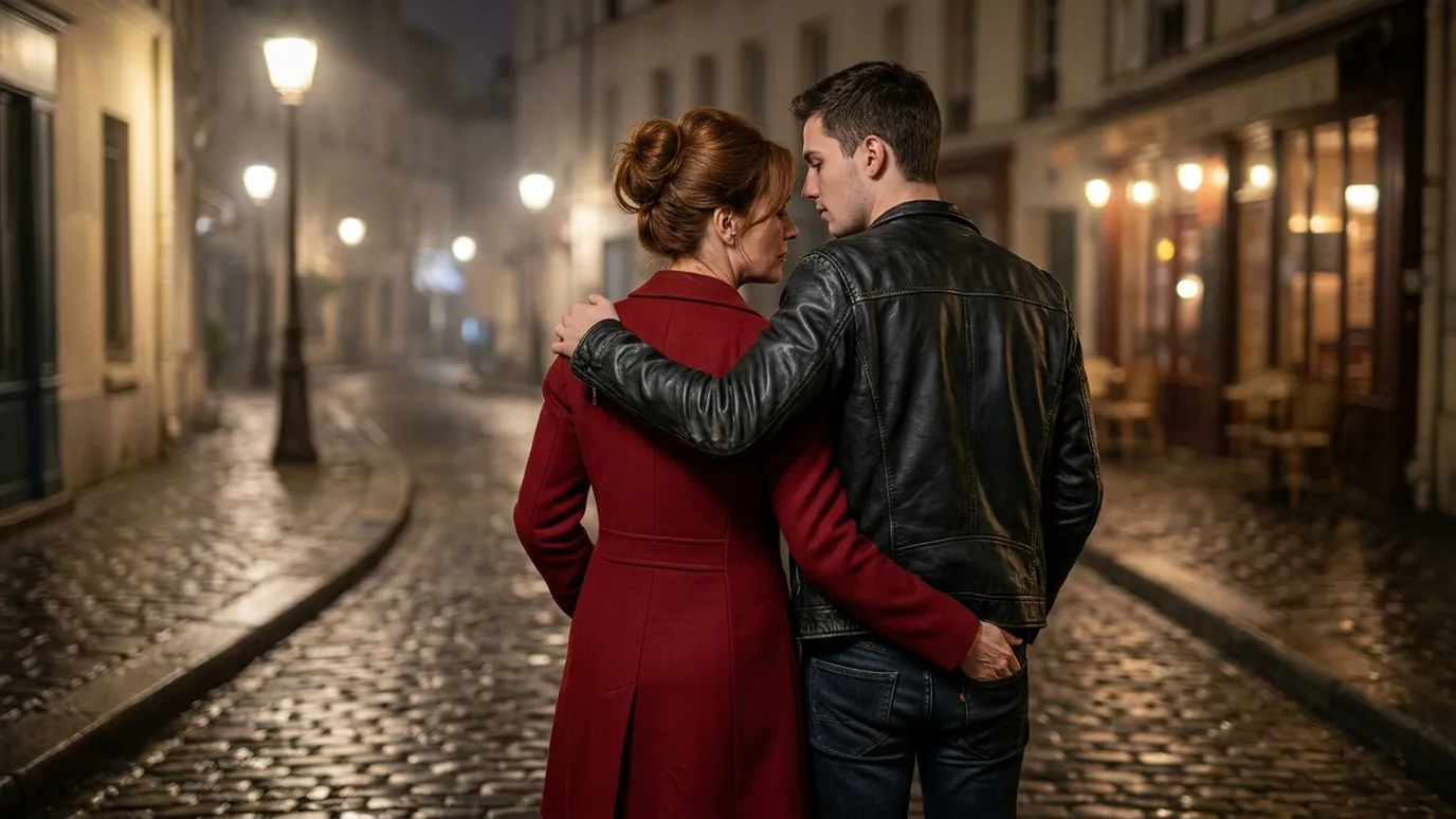 Couple cougar enlacé dans une ruelle pavée de Montmartre, un soir de pluie