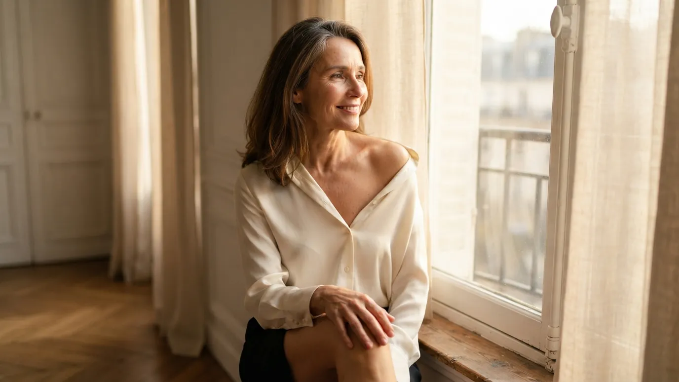 Femme de 45 ans en chemisier de soie verte, sourire assuré