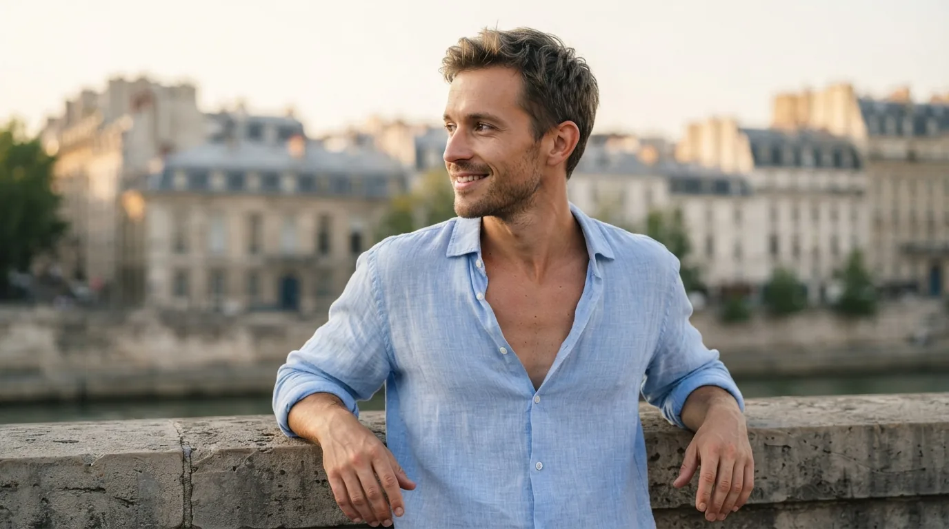 Homme d’une trentaine d’années en chemise blanche, le soir