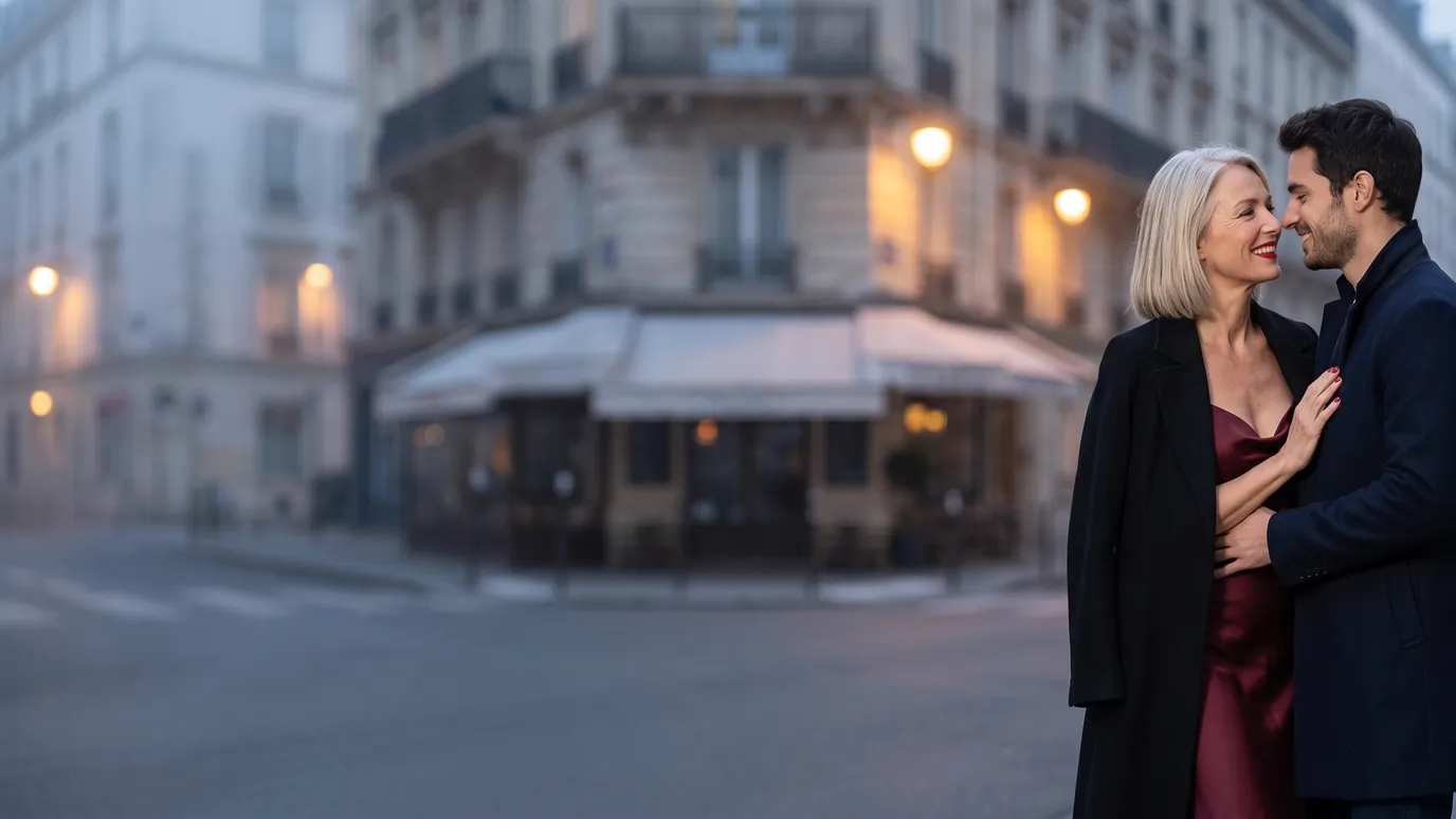 Femme cougar élégante en robe noire, le soir